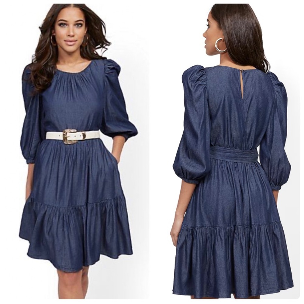 New York and Co Denim Puff-Sleeve Fit And Flare Dress